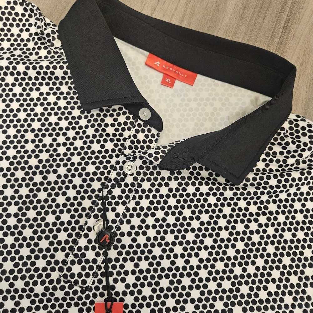 NWT Redvanly Clyde Polo Golf Shirt Tuxedo Black Geometric Polka Dot Mens Size XL